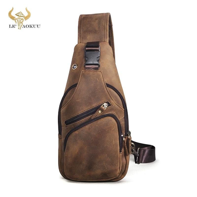 New Hot Sale Quality Crazy Horse Leather Retro Triangle Sling Chest Bag For Men 8" Tablet One Shoulder Cross body Bag Male 8015